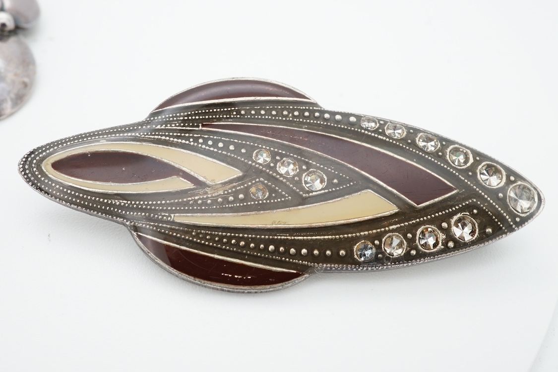 A 1960's Danish silver foliate brooch, by Nils Erik From, import marks possibly for Henry James Hulbert, London, 1964, 37mm, together with a moss agate set white metal bar brooch and a two colour enamel and paste set met
